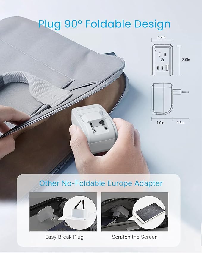 3 Pack European Travel Plug Adapter, VINTAR Foldable International Plug Adapter with 2 AC Outlets and 3 USB Ports(2 USB C),Type C Plug Travel Essentials to Most Europe EU France Germany Spain Italy