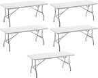BTEXPERT Set of 5, Fold-in-Half Folding Table 6 Feet 72"x 29.5" Lightweight Portable Carrying Handle Indoor Outdoor Picnic Camping Office Home Party Wedding Event White