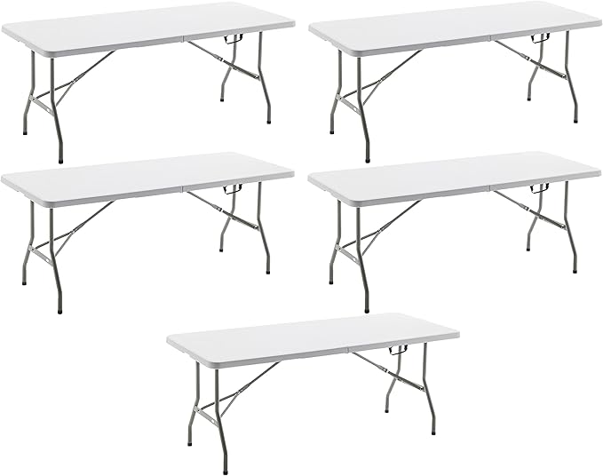 BTEXPERT Set of 5, Fold-in-Half Folding Table 6 Feet 72"x 29.5" Lightweight Portable Carrying Handle Indoor Outdoor Picnic Camping Office Home Party Wedding Event White