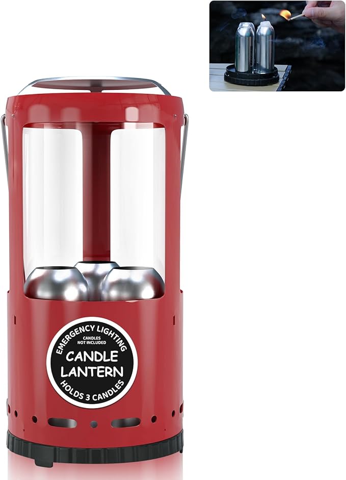 Candle Lantern, Decorative 3-Wick Emergency Candlestick Holder for Pillar Candles, Portable Red Warmer Lantern, Camping Gear for Campers Use, Hanging Handheld, NO Candles Included