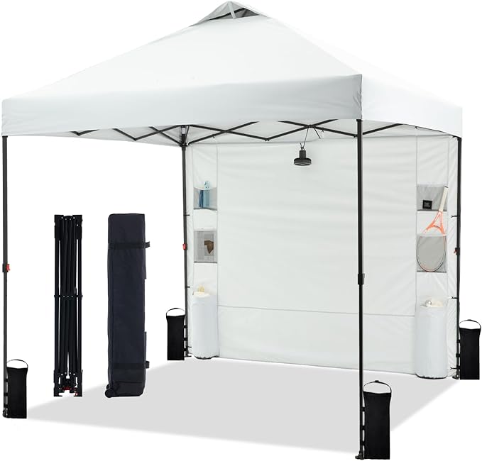 8'x8' Pop Up Canopy Tent with 1 Sidewall and 6 Pockets, One Push Setup, Instant Shade Tent with Vented Roof for Beach Patio Outdoor, Case, 8 Stakes, 4 Ropes, 4 Sandbags (White, 8x8)