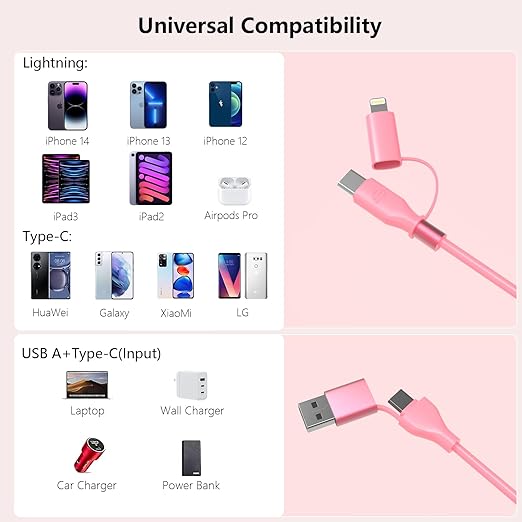 Coiled Carplay 4-in-1 USBA/Type C to USB-C/Lightning Cable Multi Combo for Apple Carplay& Android Auto,60W Fast Charge&Data Sync Car Charger Cord for iPhone 15/14/13/12,Samsung,Android-Pink