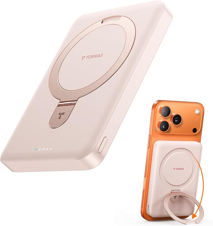 TORRAS EasyGo 10000mAh Magnetic Portable Charger Power Bank for iPhone, Fast Charging Travel Essential Wireless Battery Pack with Stand Compatible with Magsafe,17 Pro Max,Pro,16,15,14,13,12, Rose Gold