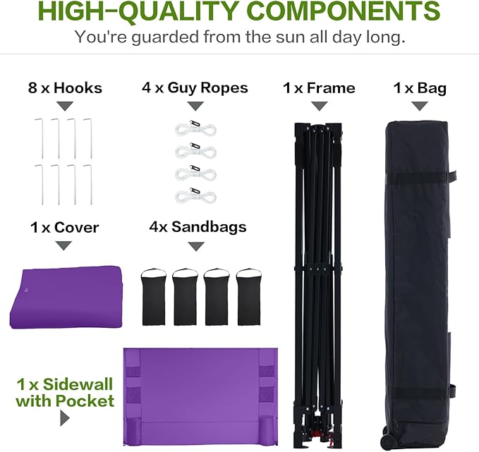 10'x10' Pop Up Canopy Tent with 1 Sidewall and 6 Pockets, One Push Setup, Instant Shade Tent with Vented Roof for Beach Patio Outdoor, Case, 8 Stakes, 4 Ropes, 4 Sandbags (Purple, 10x10)