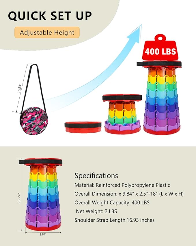 Upgraded Collapsible hickened Portable Camping Stool with Adjustable Height and Retractable for Fishing, Hiking, BBQ, Concert Party, Outdoor (Rainbow Red)