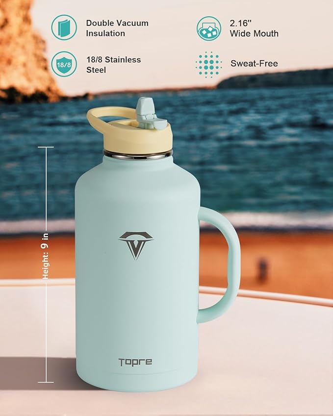 Half Gallon Water Bottle with Handle and Carry Pouch,64 oz Stainless Steel Insulated Jug Flask with Straw Lid Spout Lid,Reusable Metal Water Bottle Mug Tumbler Cup,Keep Cold & Hot,Green