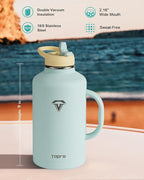 Half Gallon Water Bottle with Handle and Carry Pouch,64 oz Stainless Steel Insulated Jug Flask with Straw Lid Spout Lid,Reusable Metal Water Bottle Mug Tumbler Cup,Keep Cold & Hot,Green