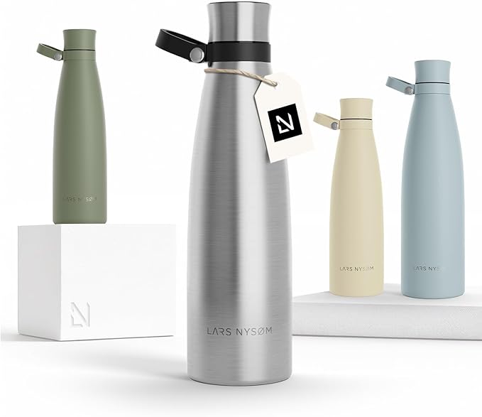 LARS NYSØM Stainless Steel Insulated Water Bottle 25oz 34oz | Insulated Thermo Flask for Hot and Cold Beverages | Leakproof Drinking Bottle (Stainless Steel, 25.4oz)