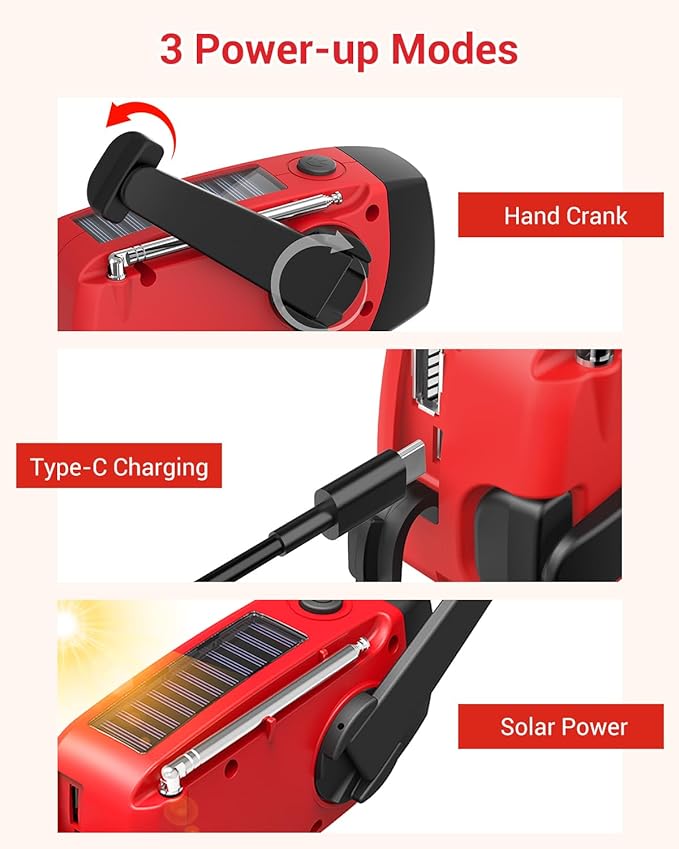 Esky Emergency Hand Crank Radio 7400mWh with 3 LED Flashlight, AM/FM/NOAA Portable Weather Radio with Power Bank Phone Charger, Solar Powered Rechargeable Radio for Indoor Survival Camping, SOS Alarm
