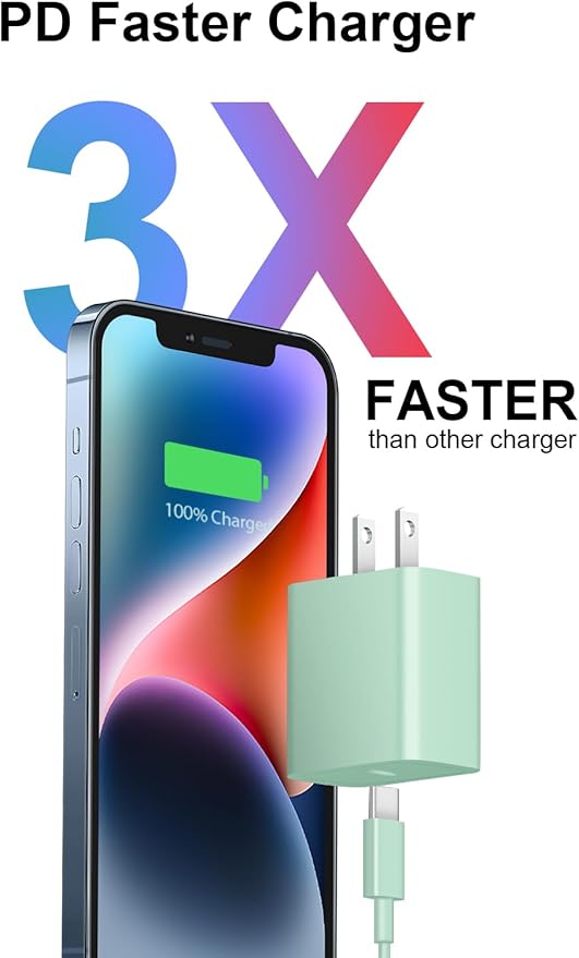 10FT iPhone 14 13 12 Charger Fast Charging 20W PD USB C Wall Charger with 10FT Fast Charging Cable Compatible iPhone 14/13/12/11/Pro/Pro Max/Mini/Xs Max/XR/X, iPad - Green