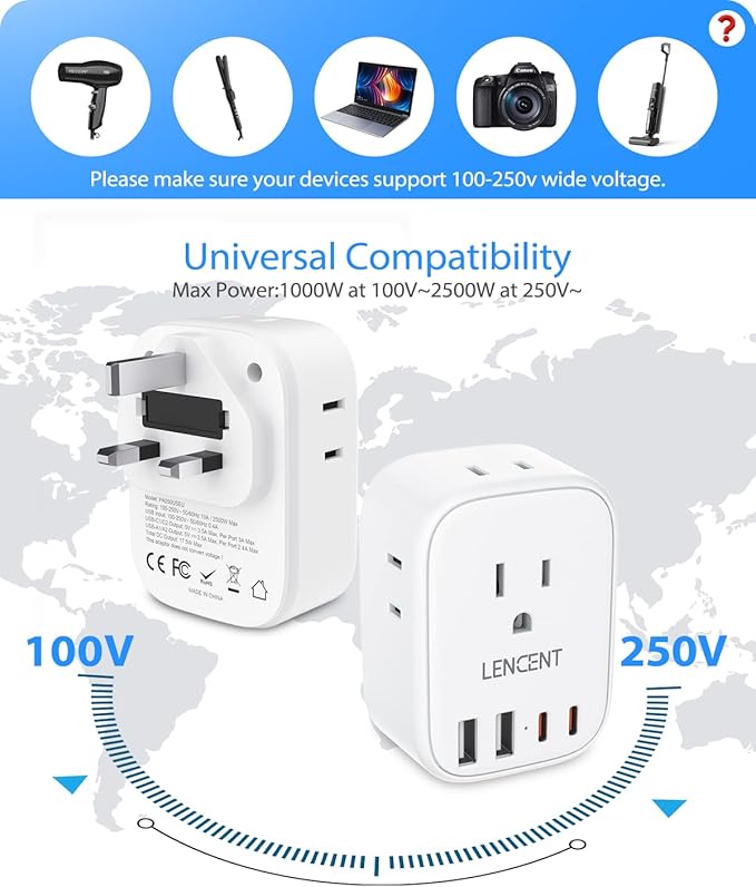 LENCENT US to UK Ireland Travel Plug Adapter, Grounded Type G Adapter for Travel with 4 Outlets 4 USB Ports(2 USB C), Power Plug for USA to Dubai Scotland British London England Hong Kong Singapore