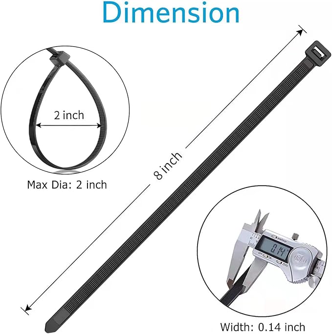 Zip Ties 8 inch (100 Pack), 40lbs Tensile Strength, Black Cable Ties, Wire Ties for indoor and outdoor use, by Skalon