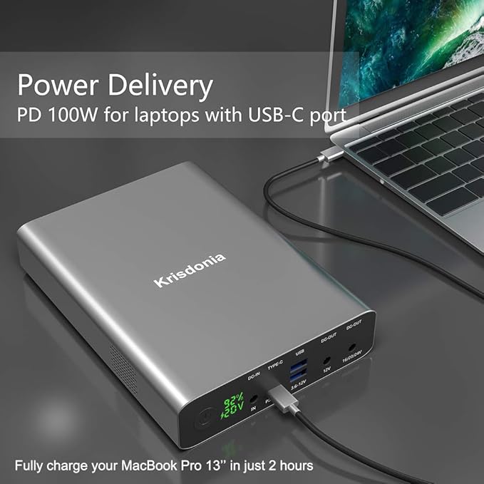Krisdonia Portable Laptop Charger 64000mAh 100W PD Power Bank - 1x USB-C (Input 60W Output 100W)- 2X DC (Up to 24V)- 2X QC3.0 USB-A (18W) Compatible with USB-C Laptop, MacBook Pro, Dell XPS and More