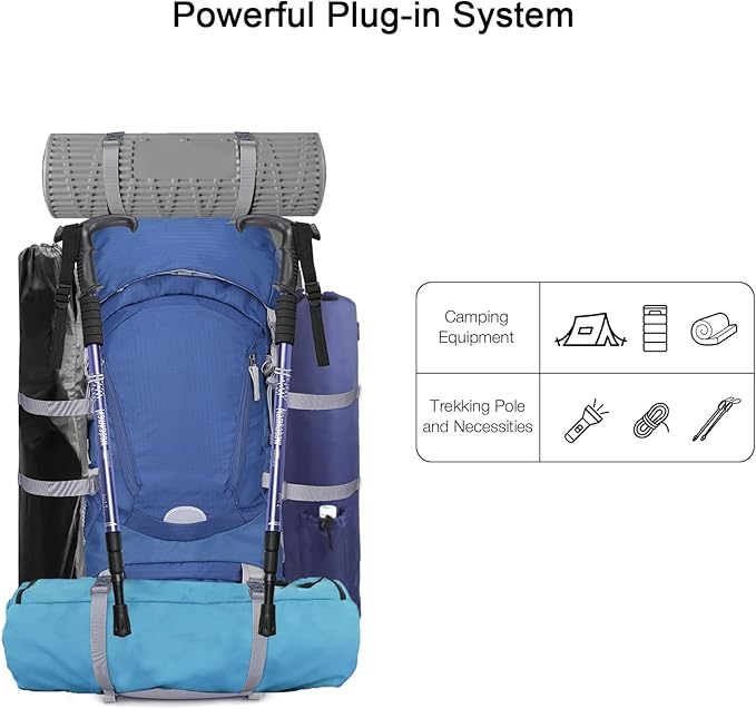 60L Lightweight Internal Frame Backpacking Hiking Backpack with Rain Cover for Men Women, Large Travel Backpack, Blue