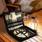 Picnic Dishes Utensils Gold Camping Flatware Set for 4 Portable Tableware Plates Silverware Forks Spoons knives Bottle Opener Food Tongs Complete Kit with Zipper Bag
