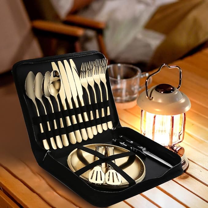 Picnic Dishes Utensils Gold Camping Flatware Set for 4 Portable Tableware Plates Silverware Forks Spoons knives Bottle Opener Food Tongs Complete Kit with Zipper Bag