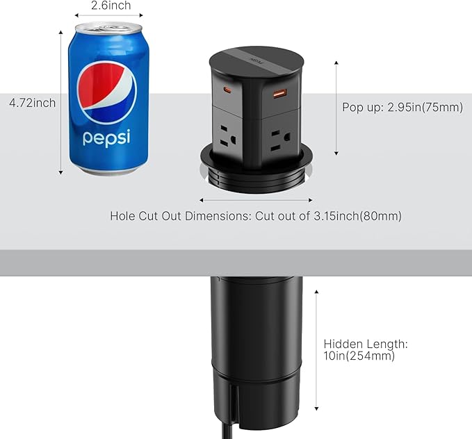 Pop up Outlet for Countertop,PD 20W USB C Fast Charging,3.15" Desk Grommet Power Station,4 Outlets,4-USB, Kitchen Island Pop Up Electrical Outlet, Office Recessed Power Supply,6ft Cord, Black