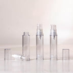 4Pcs 0.34 oz Airless Travel Pump Bottles - 3.7×0.7 inch Refillable Clear Cosmetic Containers Leak‑Resistant for Lotion Shampoo Serum（Spray+Lotion）