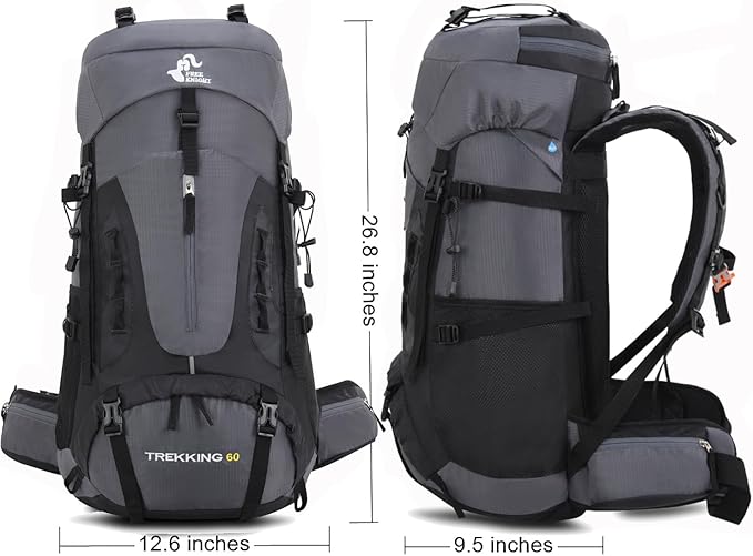 Bseash 60L Hiking Camping Backpack with Rain Cover, Waterproof Large Capacity Outdoor Sport Travel Daypack Climbing Touring (Gray)