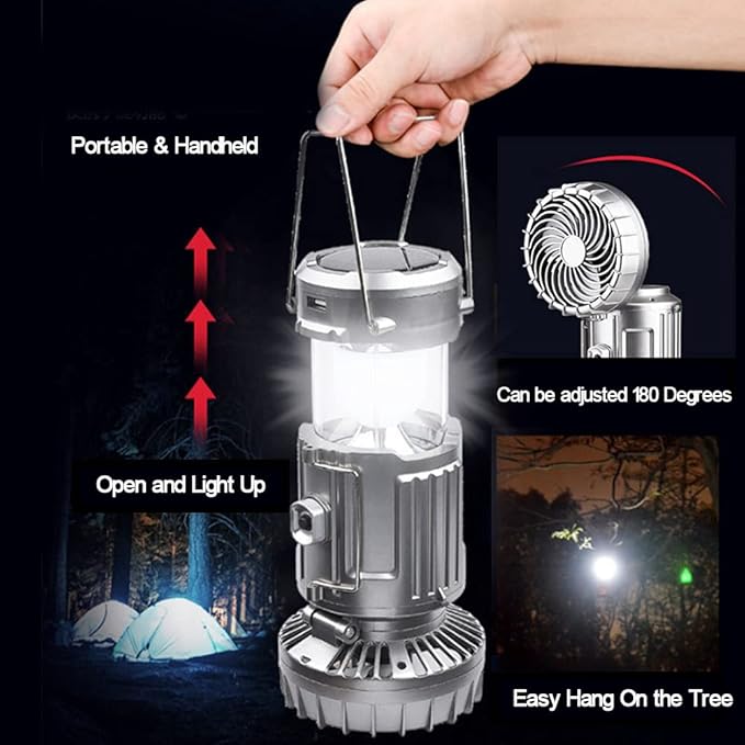 2Pack Solar Camping Lantern with Fan, 3-Way Power Source,Rechargeable Lanterns for Power Outages, Camping Lights for Tent Hurricane Emergency Camping Gear Must Haves
