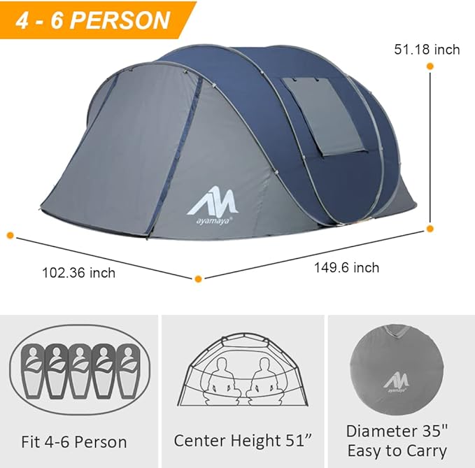 6 Person Easy Pop Up Tents for Camping - AYAMAYA Double Layer Waterproof Instant Tent with Vestibule & Porch, Large Size Family Tent Automatic Setup for 4-6 People Camping Hiking (Poles Included)