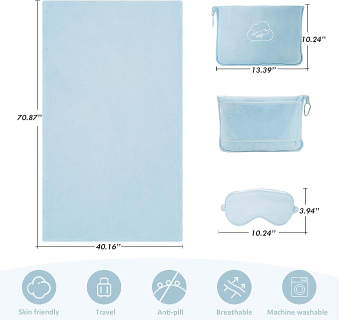 Travel Blanket, 3-in-1 Ultra-Soft, Warm & Lightweight Travel Blanket Airplane with Bag, 65x40 in, Airplane Travel Essentials for Women, Men & Kids with Eye Mask, Luggage Sleeve & Backpack Clip