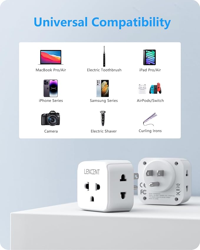 LENCENT 2 Pack EU to US Plug Adapter, European to USA Outlet Adaptor, Travel from Europe to American Outlet, 3 Outlet Extender, Wall Tap, Mini Charger Box, Travel Plug Converter