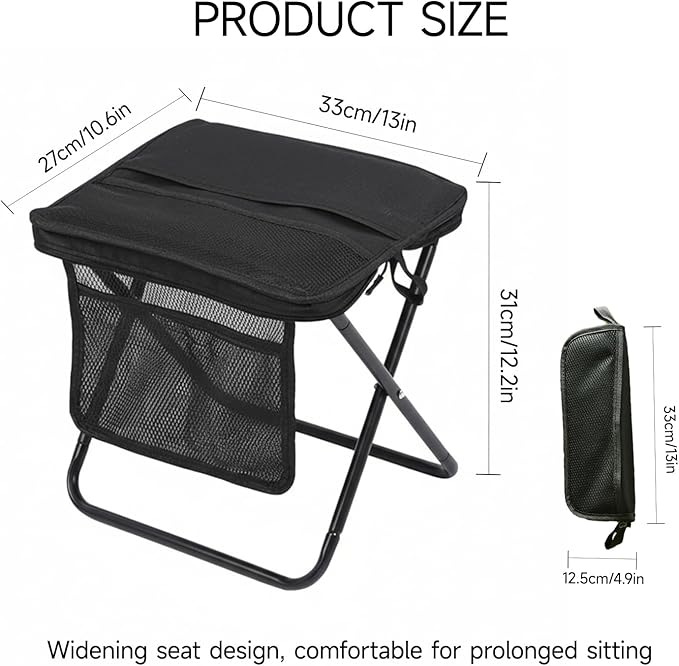 13 x 10.6 Inch Portable Folding Camping Stool, Metal Frame with Storage Mesh, Small Folding Stool for Adults Lightweight Outdoor Seating for Camping Fishing Hiking BBQ Hold Up to 265 LBS (Black)