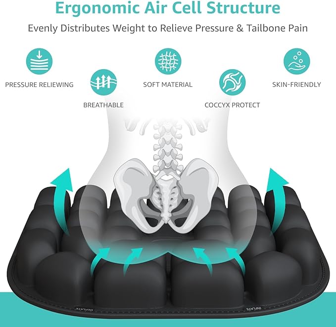 Inflatable Travel Seat Cushion for Airplane - Portable Air Pad with Built-in Pump for Long Flights & Car Rides - Ergonomic Tailbone Pain Relief for Office Chair, Wheelchair, Stadium