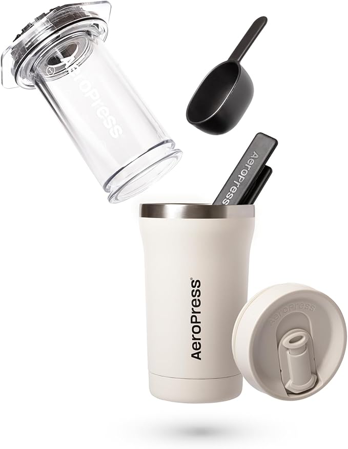 AeroPress Go Plus, Small Portable Coffee Maker Kit, Travel, Camping & Office, All-in-One French Press, Pour-Over & Espresso Style Manual Brewer, 2 Min Brew for Less Bitterness, More Flavor, Cream