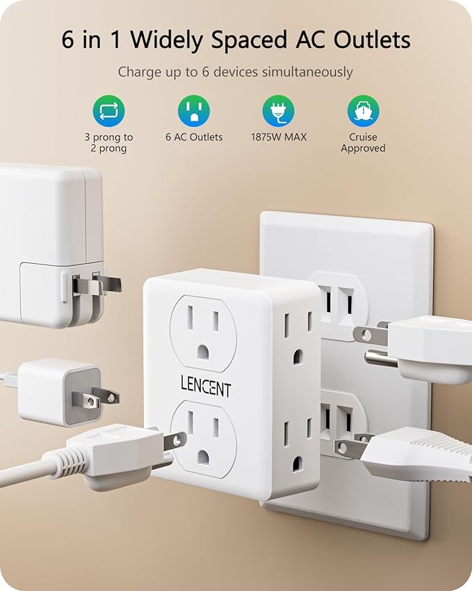 LENCENT 2 to 3 Prong Outlet Adapter, 2 Pack 2 Prong Power Strip, 6 Widely Spaced Sockets Extender, 3-Sided Wall Plug Splitter, 1875W Max, Compact Wall tap for Non-Grounded Outlets in Old House Hotel