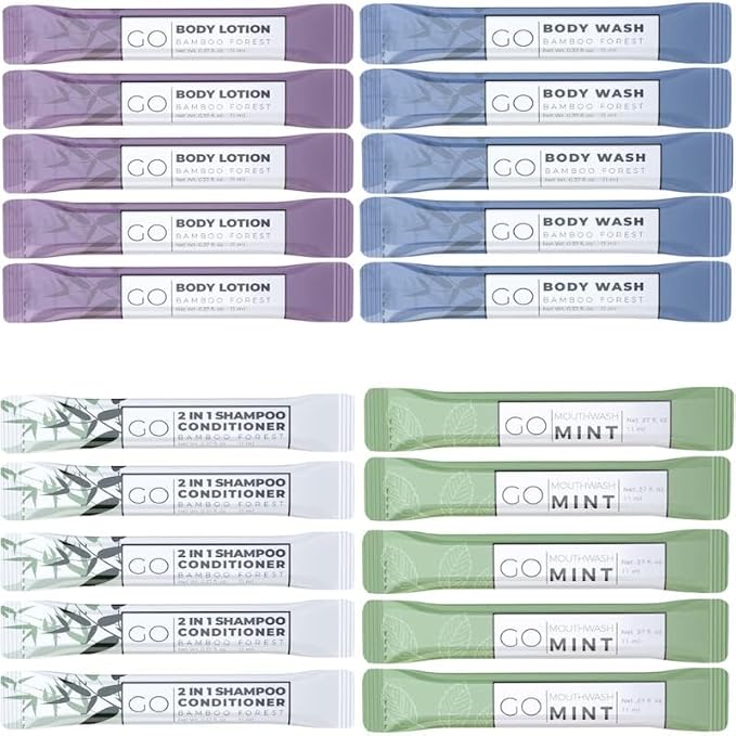 GO Essentials - Men and Women Travel Kit that contains Travel Size Shampoo and Conditioner Set, Mouthwash, Body Wash, and Travel Size Body Lotion Bulk Travel Size Toiletries, Guest and Hotel Supplies