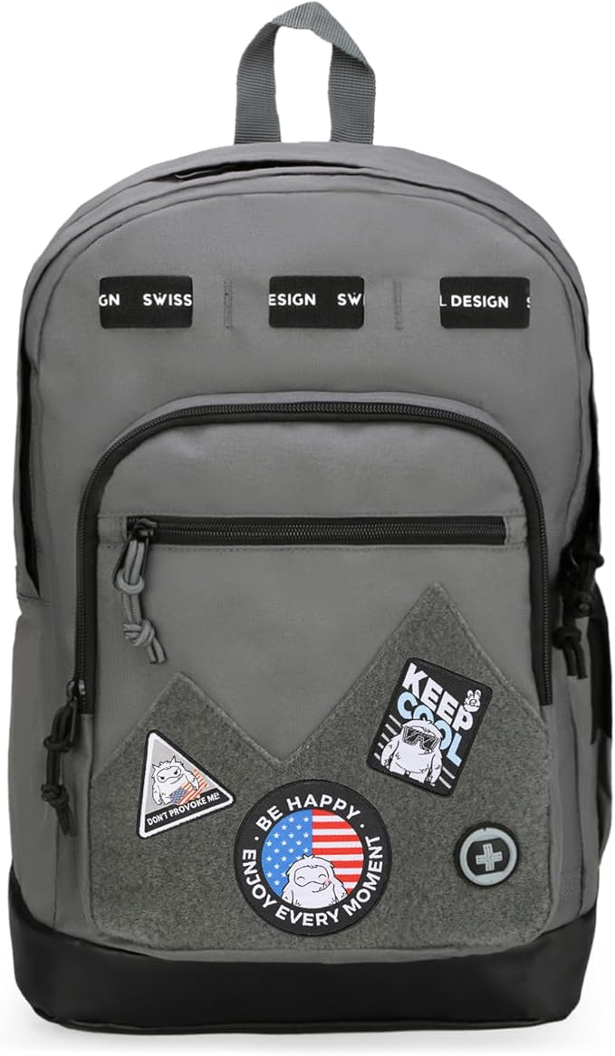 Swissdigital Design Big Student Laptop Backpack with Fun Personalized Patches For College Boys & Girls, Middle High School Teen Bookbag Cool Travel Daypack Grey- Includes 3 Patches | SD1718-03