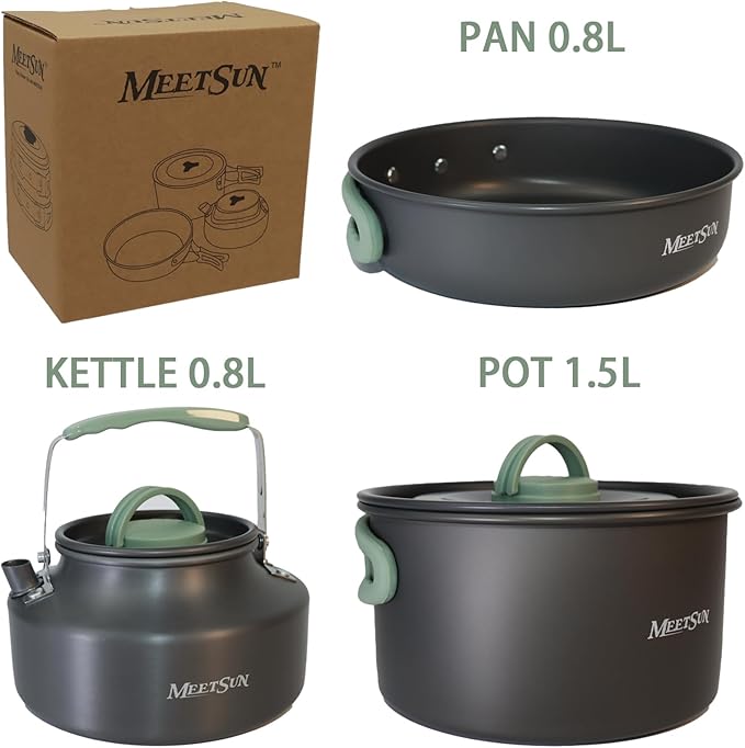 MEETSUN Portable Camping Pots and Pans Set,Aluminium Camping Cooking Set with Heat-Resistant Handles,Foldable Design,Quick-Clean Camping Cookware Set for Backpacking, Hiking,Survival,Emergency