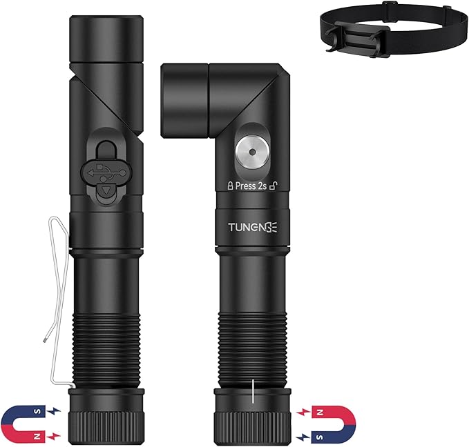 T21X 1400 Lumen Small LED Flashlight Rechargeable, Super Bright 90 Degree EDC AA Pocket Flashlight with Magnet, Adjustable Headlamp, Mini Tactical Light & Clip for Camping Running Hiking
