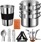 Camping Cookware Mess Kit, Stainless Steel Camping Cooking Set, Backpacking Cooking Set Backpacking Gear with Mini Stove for Camping,Backpacking,Picnic, Hiking