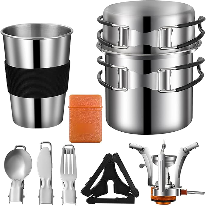 Camping Cookware Mess Kit, Stainless Steel Camping Cooking Set, Backpacking Cooking Set Backpacking Gear with Mini Stove for Camping,Backpacking,Picnic, Hiking