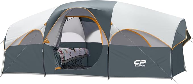CAMPROS CP Tent 8 Person Camping Tents, Weather Resistant Family Tent, 5 Large Mesh Windows, Double Layer, Divided Curtain for Separated Room, Portable with Carry Bag