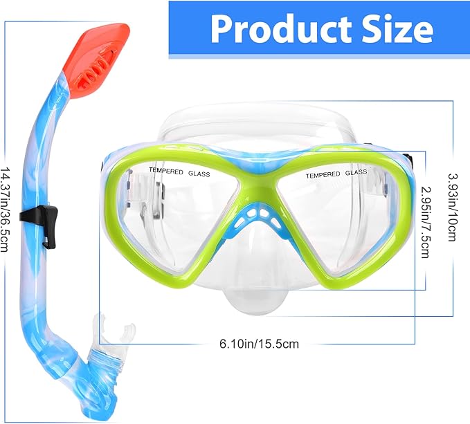 Kids Snorkel Set Dry Top Snorkeling Gear for Kids Youth Boys Girls Junior Age 5-15,Tempered Glass Swimming Diving Mask and Snorkel Set 180 Degree Panoramic View