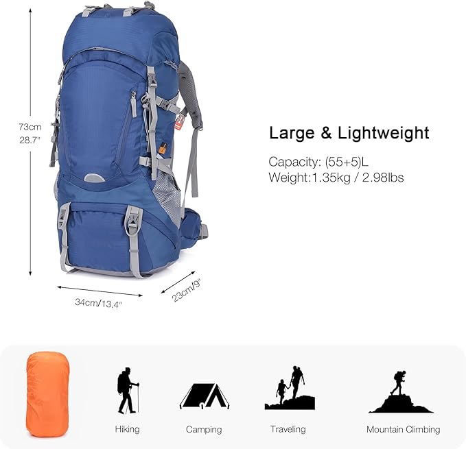 60L Lightweight Internal Frame Backpacking Hiking Backpack with Rain Cover for Men Women, Large Travel Backpack, Blue