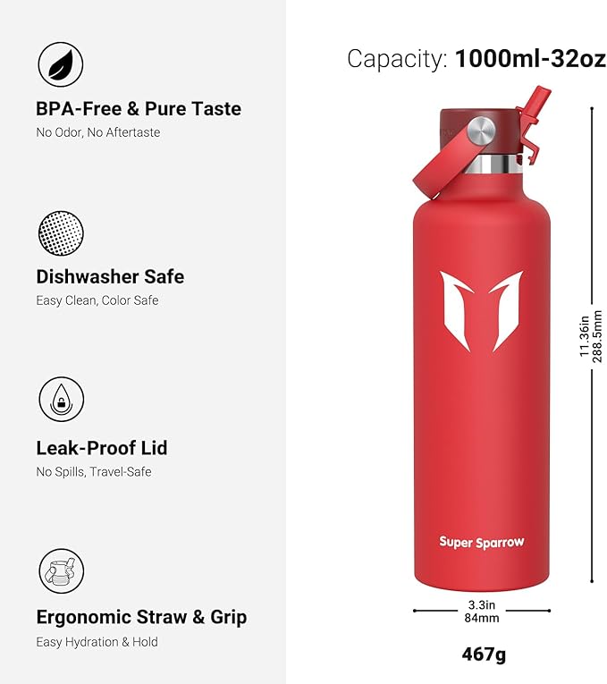 Super Sparrow Insulated Water Bottle - 17 Oz / 25 Oz / 32 Oz - Standard Mouth FlipFlow Flask - BPA Free, Leak Proof Drink Bottle- Ergonomic Straw Water Bottles for Work, Gym, Travel, Sports