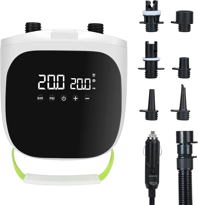 Electric Paddle Board Pump – 20PSI High-Pressure Electric SUP Pump Air Pump with Auto Shutoff, Dual-Stage Inflation for Paddle Boards, Kayaks, Tents, Boats & Inflatables White