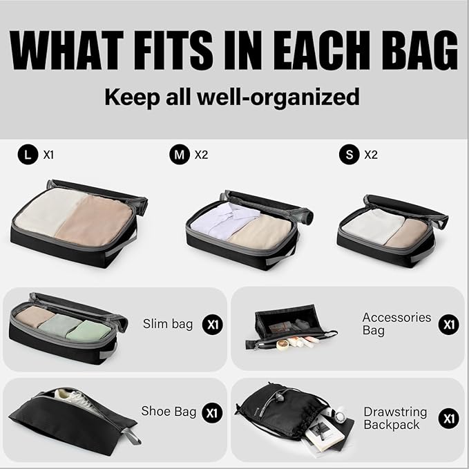 9 Set Compression Packing Cubes for Travel, Bonus Versatile Drawstring Backpack, Lightweight Luggage Organizer Bags, Sturdy Travel Accessories for Suitcase, Black