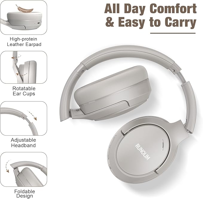 RUNOLIM Hybrid Active Noise Cancelling Headphones, 70H Playtime, Built-in Microphone, Bluetooth Wireless Over Ear Foldable Headphones with HiFi Audio, Home Travel Office