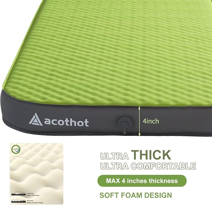 Self-Inflating Sleeping Pad - 4” Ultra-Thick Supportive Foam, Insulated Camping Mattress with Pump Sack for Tent, Car, Truck, Van, Home - Portable Camping Pad for 4-Season Comfort (Single)