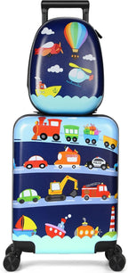 Weewooday Kids Luggage and Backpack 18" Suitcase with Spinner Wheel Hard Case Travel 13" Backpack Girl Suitcase Set for Kids Travel Supplies(Assorted Colors,Vehicle Style)