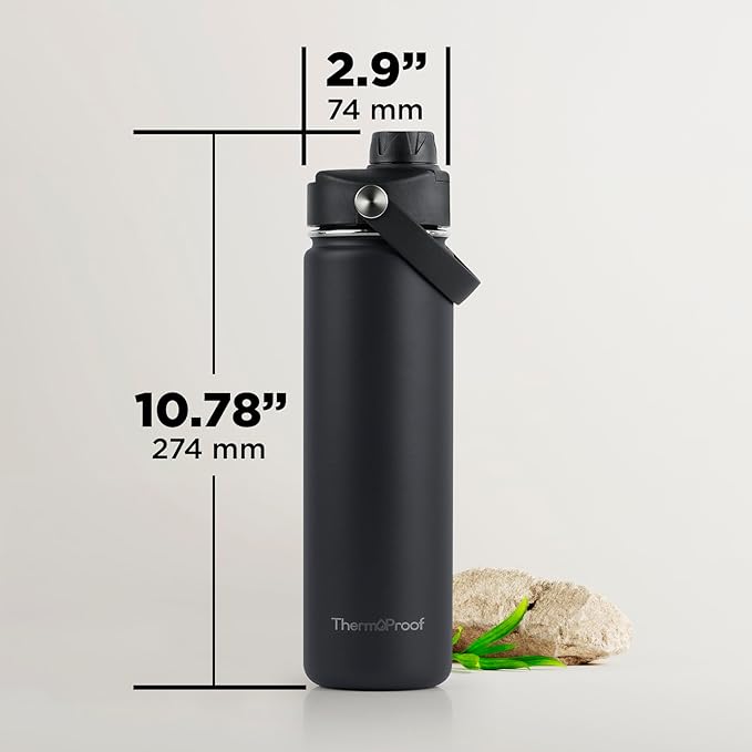ThermoProof Double-Walled Vacuum Insulated Stainless Steel Water Bottle - Wide Mouth with Chug & Spout Lids, Dishwasher Safe, Reusable, Leakproof, Hot & Cold for Men, Women & Kids - 22oz, Black