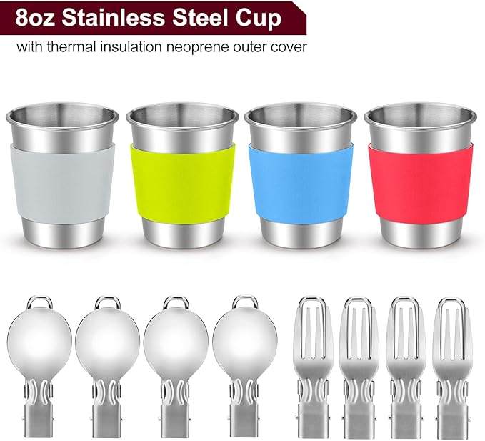 Odoland 22pcs Camping Cookware Mess Kit, Large Size Hanging Pot Pan Kettle with Base Cook Set for 4, Cups Dishes Forks Spoons Kit for Outdoor Camping Hiking Picnic