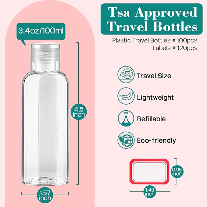 50 Pack Empty 3.4 oz Travel Bottles Tsa Approved Leakproof Plastic Squeezable Small Bottles for Toiletries Liquids Travel Essentials with Flip Cap