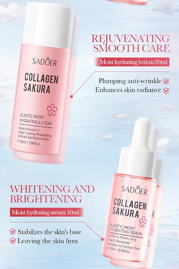 Travel Collagen Sakura Skincare Kit, 6pcs Skin Care Set include Cleanser, Toner, Lotion, Eye Cream, Serum & Face Cream, Hydrating & Soothing for All Skin Types, Perfect for Travel & Gift
